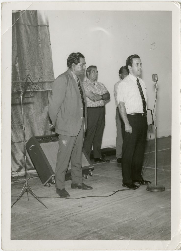 Feliciano Espinoza with Tulio Guldner and Mayor Richard Lugar at the Hispano-American Multiservice Center, ca.1970s