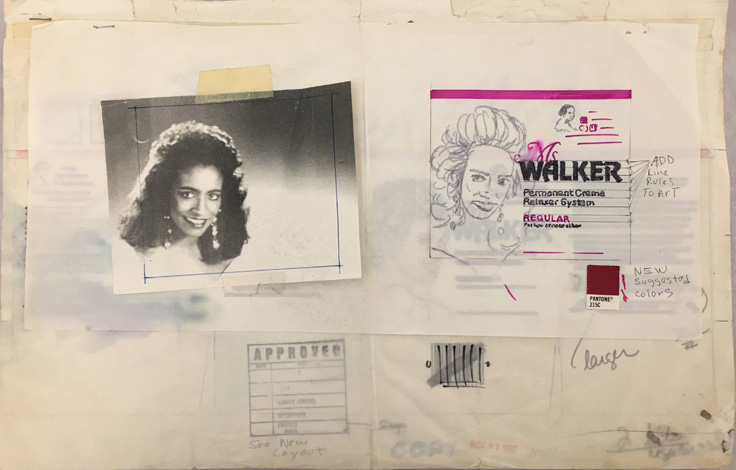 Draft of packaging design for Permanent Relaxer Creme system. On left photo of a model. On right, sketch of box with model, Madam Walker sketch and name of product. 