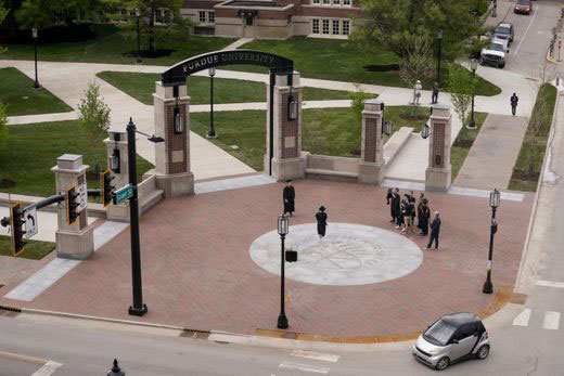 Overhead shot of gateway on Purdue's campus.