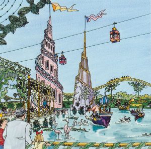 Drawings of the Spires and water activities from the White River Park master plan, 1981.