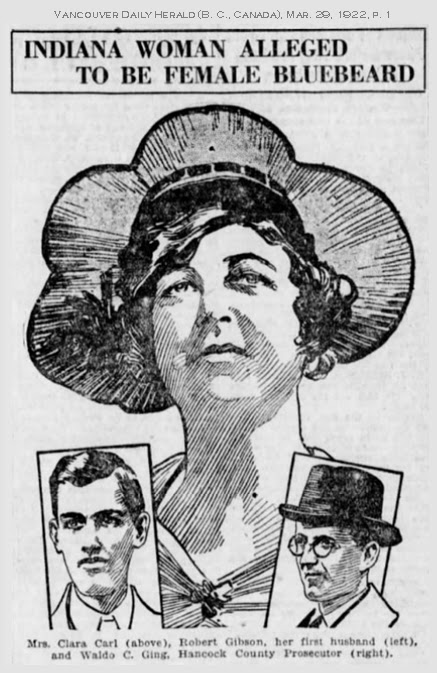 Newspaper headline reads Indiana Woman Alleged to be the Female Bluebeard with sketches of two men on either side of a larger sketch of Clara Carl.